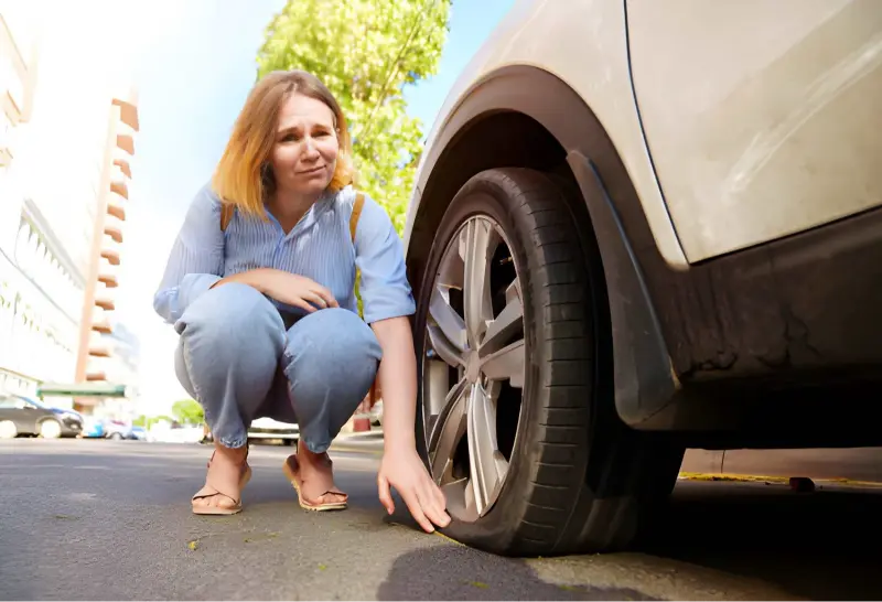 Mobile tyre fitter assisting driver with emergency tyre repair in Warwickshire