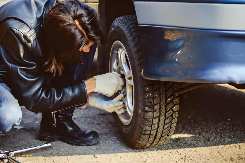 Technician inspecting a punctured car tyre before repair